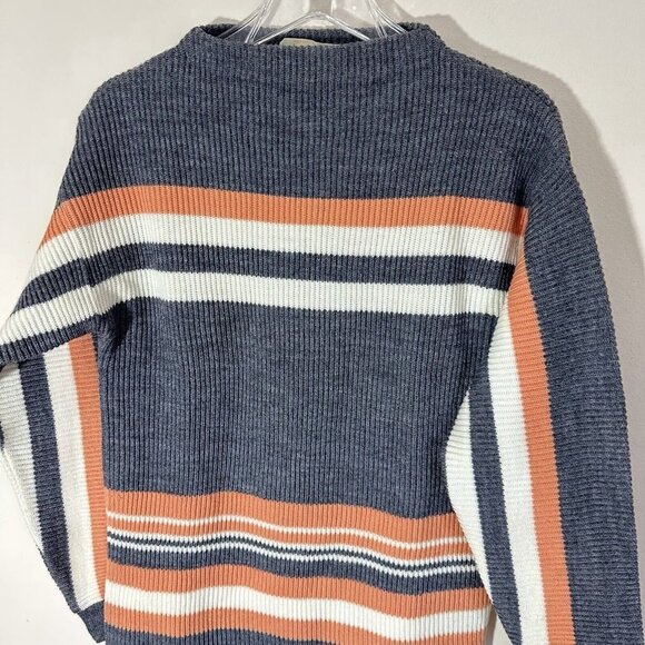 Vintage Saks Fifth Ave Sweater Women's Pure Wool Size M Gray Stripes High Neck - Picture 4 of 5